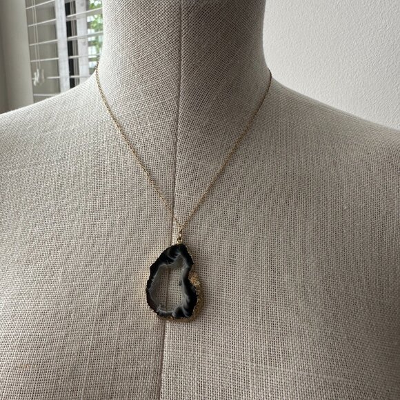 Druzy Agate Geode Gold Trim Slice Gemstone Necklace with 14k Gold Plated Chain - Picture 5 of 6